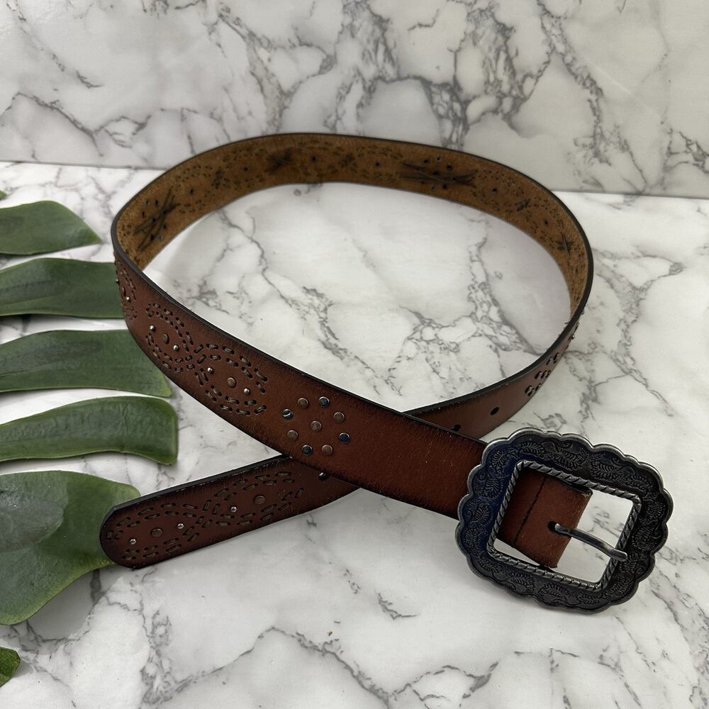 Another Line Womens Embroidered Leather Belt Size M Brown Studs Western